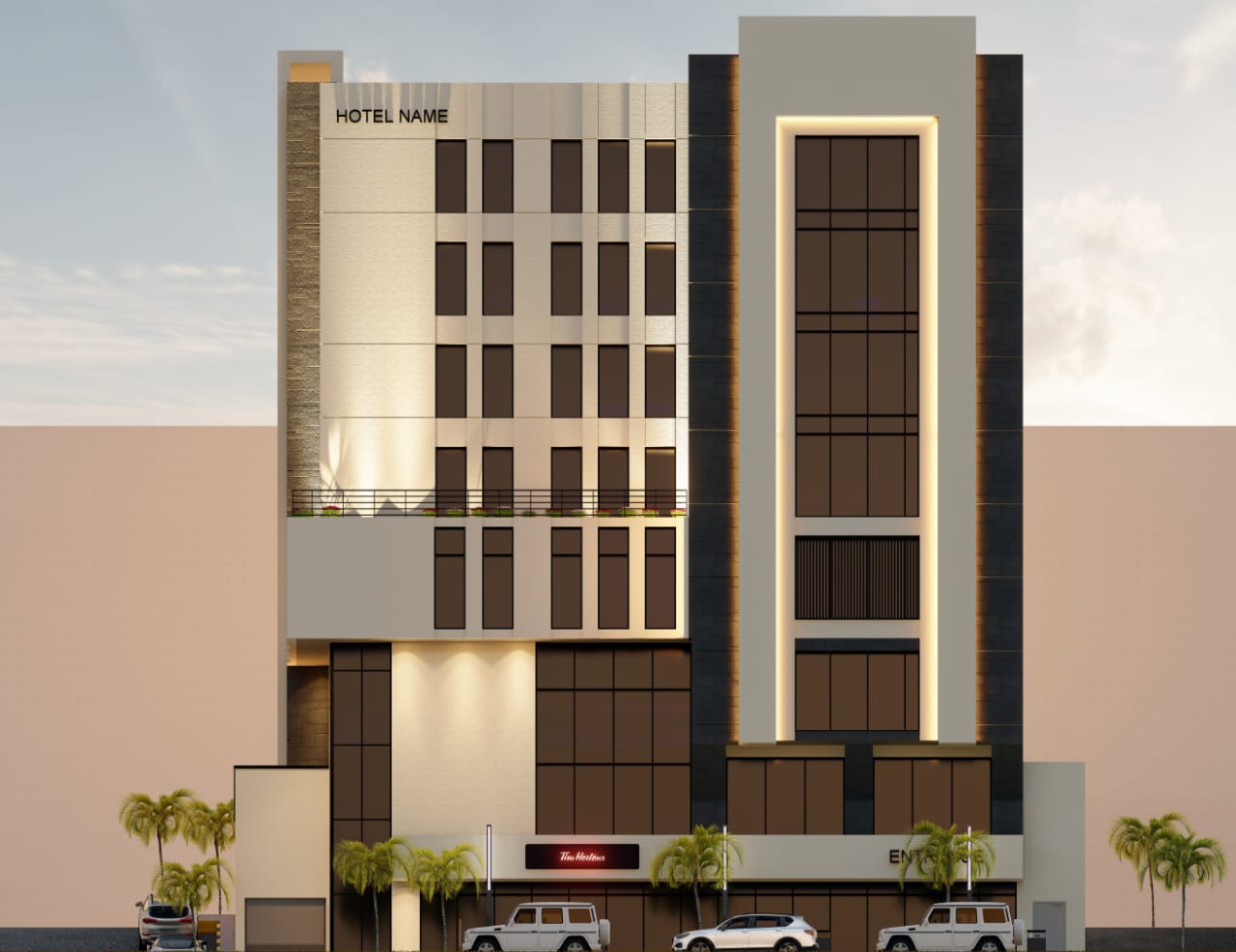 STEP Hotel 3D render — Entrance approach